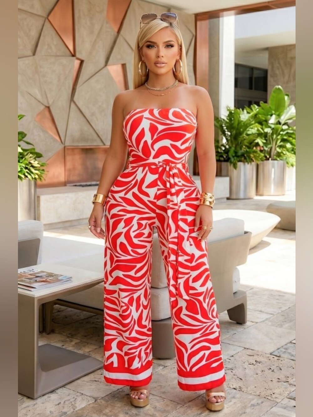 Damaris Strapless Red & White Printed Wide-Leg Jumpsuit